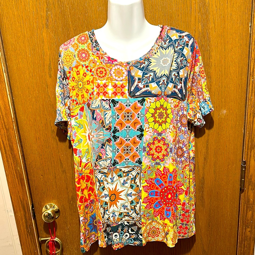 Johnny Was Orange Blue Graphic Boxy Tee